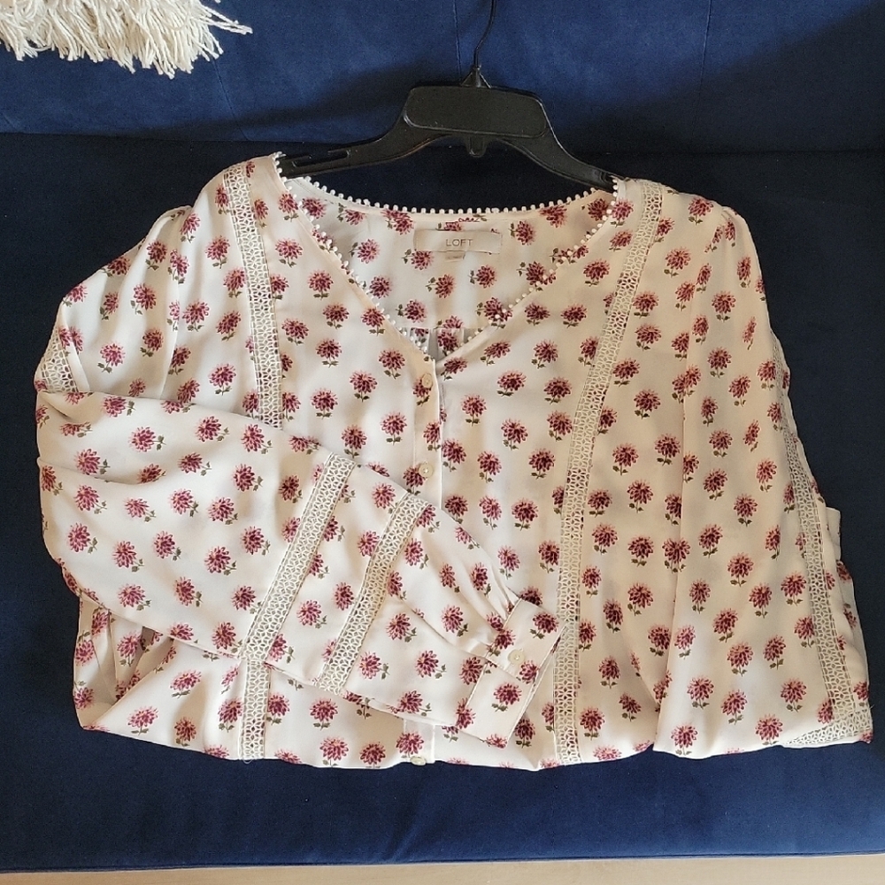 LOFT Cream and Red Floral Blouse